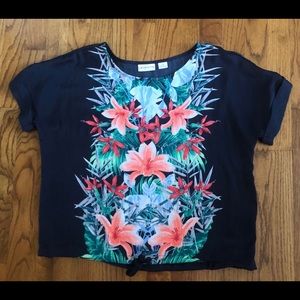 Liz Claiborne Petite Navy Blue Multicolor Floral Hibiscus Drawstring Blouse PS